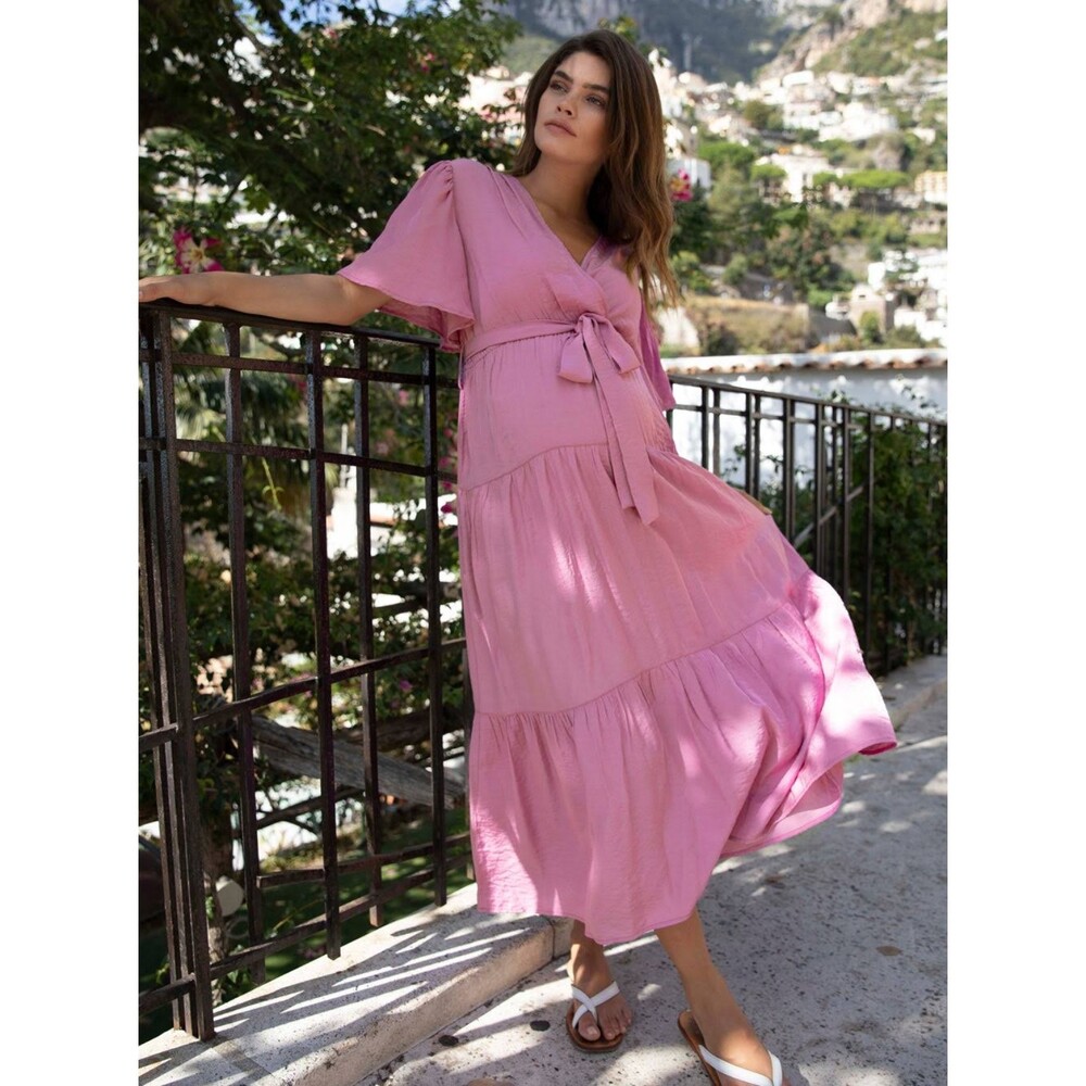 NWT Angel Maternity Cara Pink Midi Dress Size S Baby Shower short Sleeve